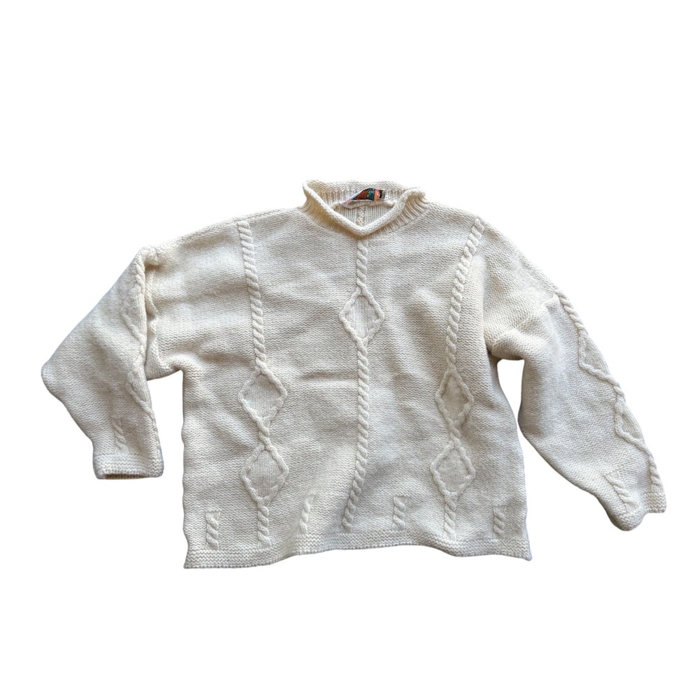 Quills Woollen Market Ireland Cream Pure New Wool Cable Knit Sweater‎ Womens L